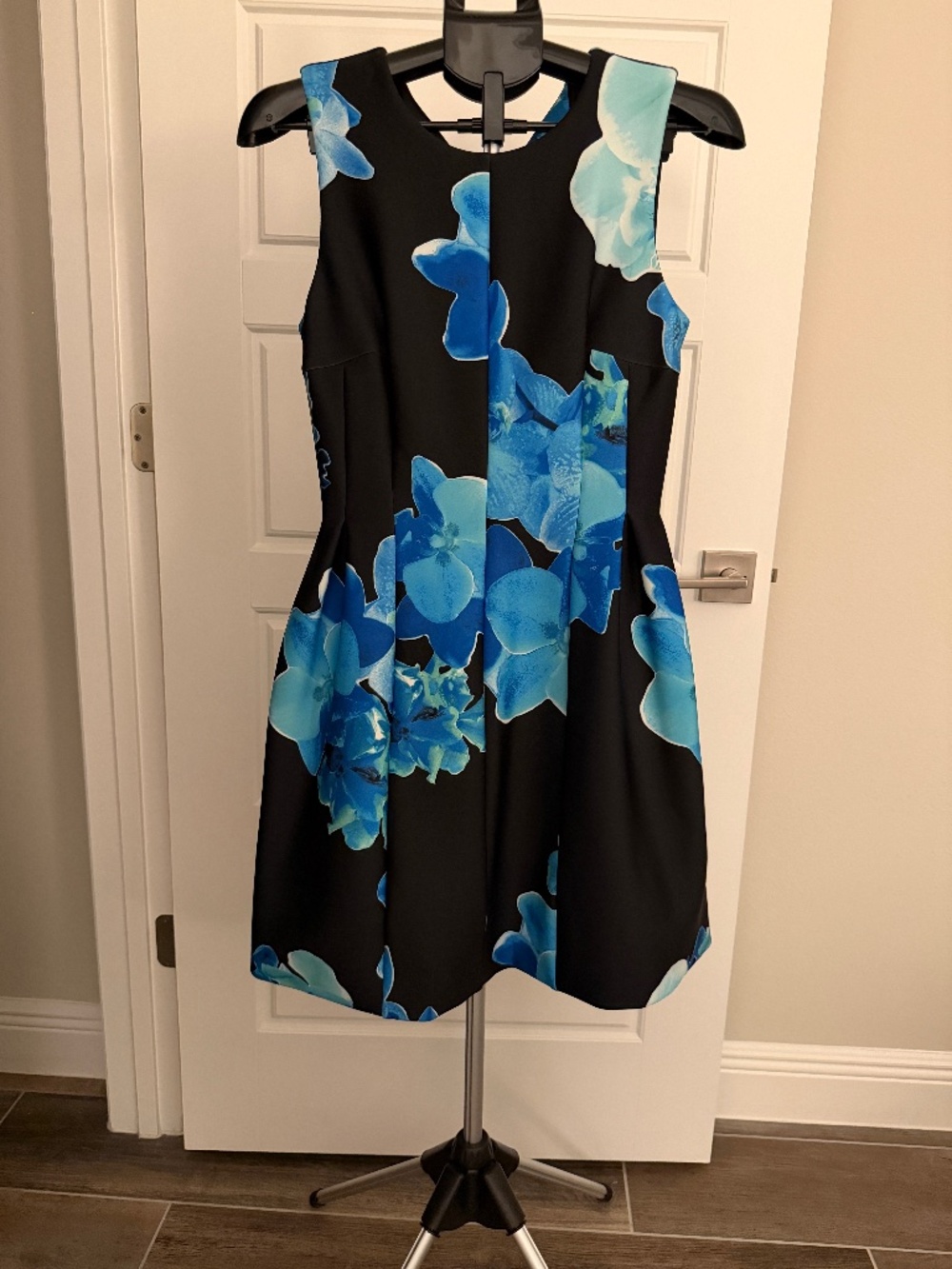 Calvin Klein Sleeveless Black Dress with Blue Floral Print - Scuba Fit & Flare